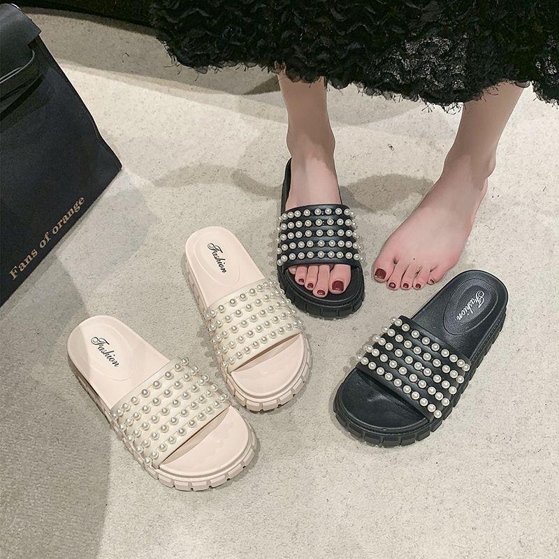 Muffin Thick Bottom Pearl Ins Trendy Small Fragrant Style Soft Bottom Cool Slippers Women's Outer Wear 2025 Summer and Autumn New Fashion Versatile