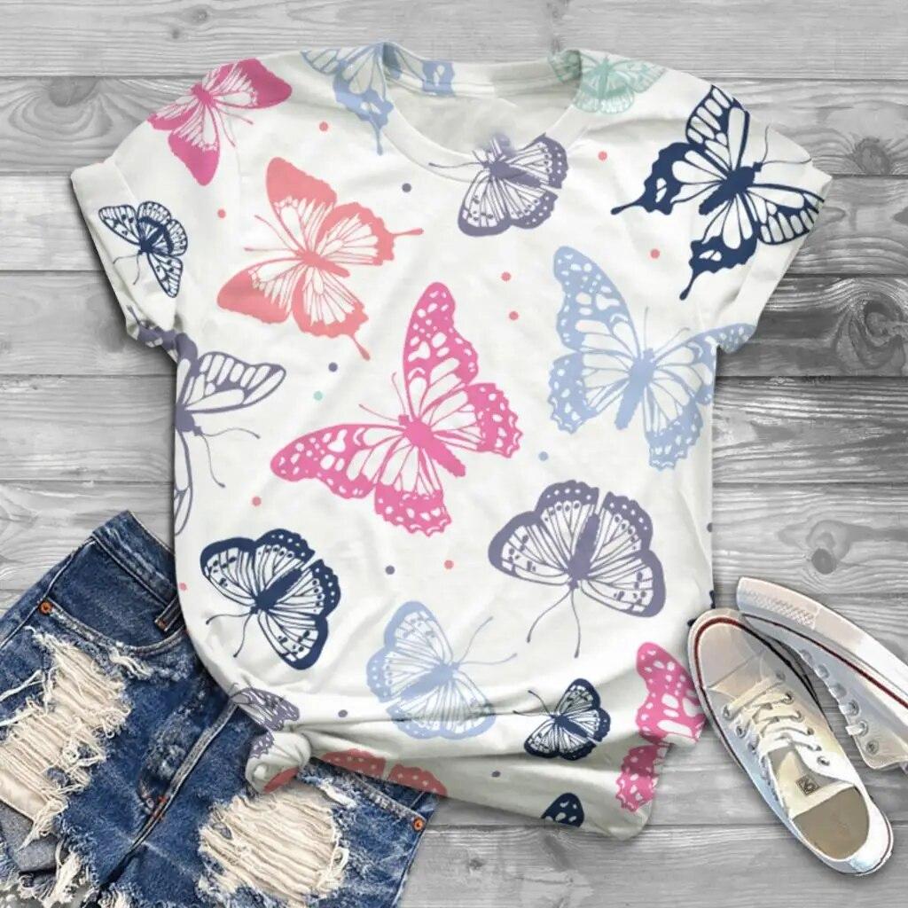 Футболка с 3d принтом Blue Flame Butterfly, женские модные футболки, футболка с цветочным принтом, повседневные топы с короткими рукавами, футболка, женская футболка большого размера