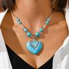 Bohemian Ethnic Style Turquoise Love Pendant with Multi Element Hollowed Out Heart Shaped Necklace