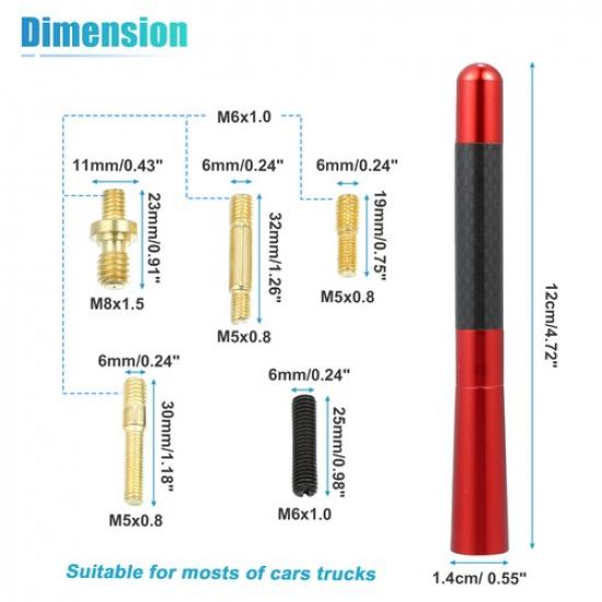 Single 12cm Car Radio Signal Antenna Mast Carbon Fiber Pattern Red Universal