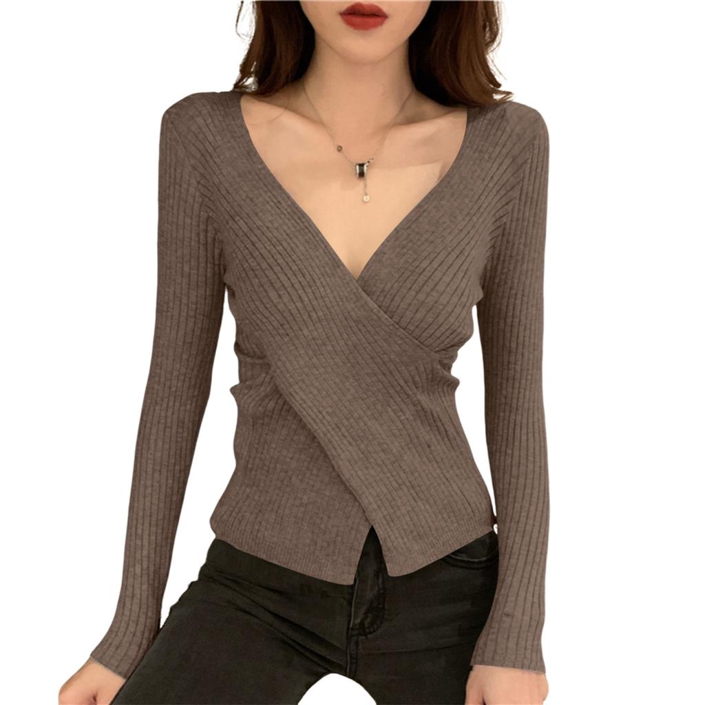 Women's V-neck Sweater Bottoming Shirt With Long Sleeves Cross-fitting Knitted Tights