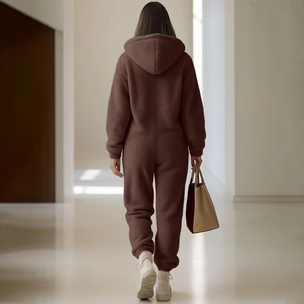 Женский плюшевый комбинезон с капюшоном, карманом, свободного кроя, с прямыми штанинами