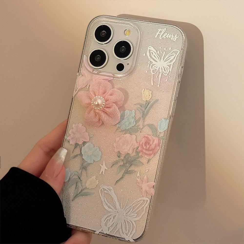 Подходит для iPhone 17 Apple Чехол для мобильного телефона Трехмерный Цветок Розы 16promax Масляная Живопись 11 Блестки 13 Свежий 12