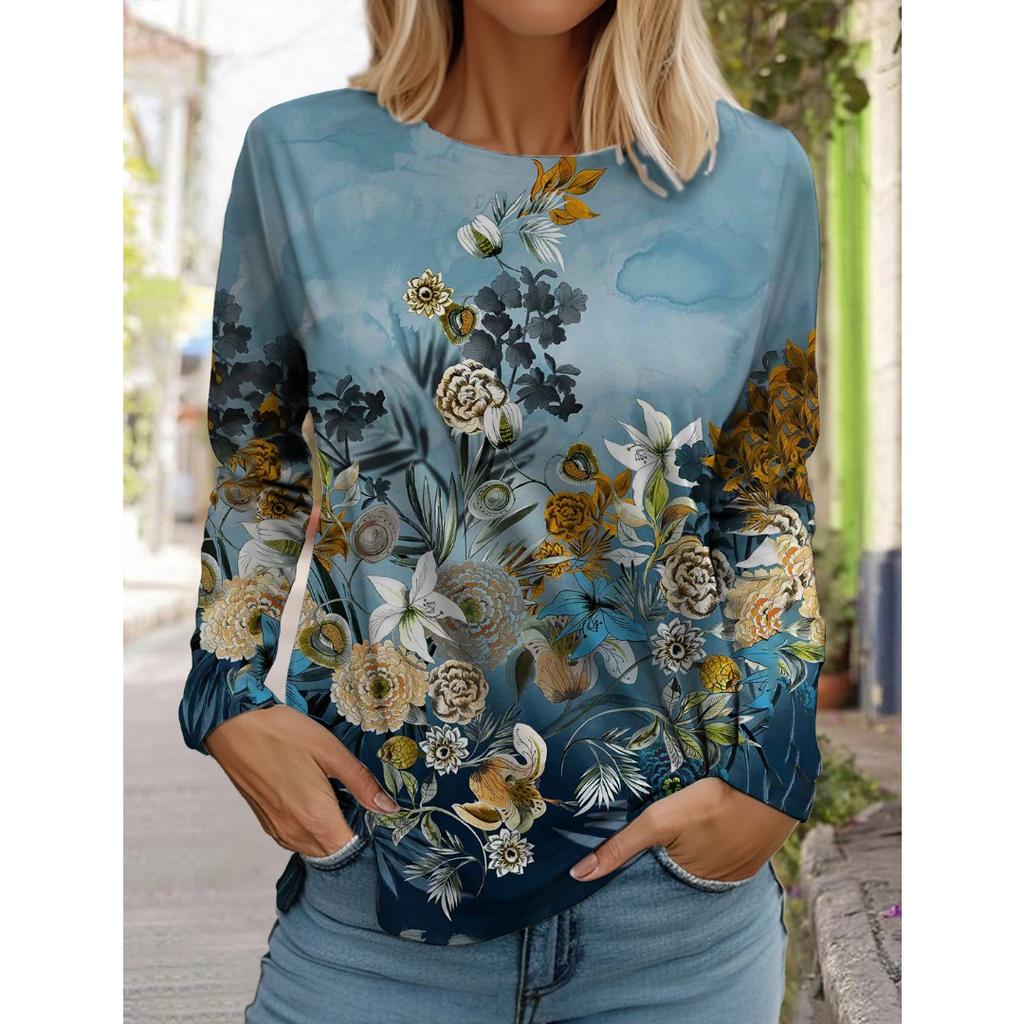 Women's White Long-sleeved Tops Round Neck Casual Tops 3d Printed Flowers Fashion Stickers Printed Women's Long-sleeved T-shirt