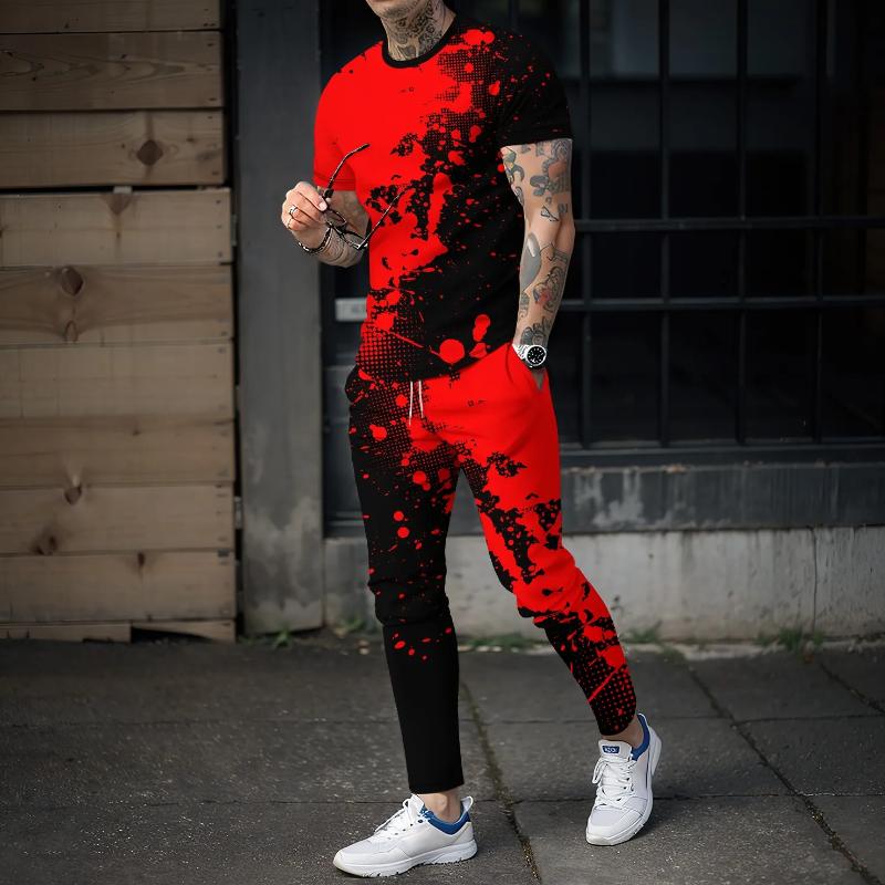 Новый летний комплект спортивной одежды, футболка с короткими рукавами, длинные брюки, комплект из 2 предметов, 3D-сращивание, повседневный и красивый дорожный комплект высокого качества