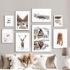 Winter Snow House Elk Squirrel Stream Wall Art Posters Prints Nordic Canvas Painting Landscape Pictures For Living Room Decor