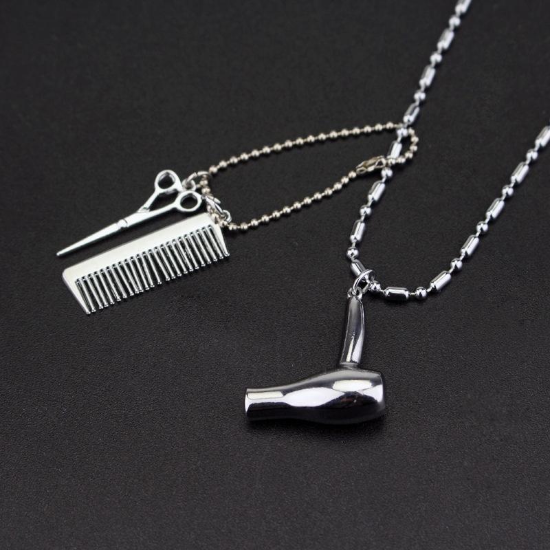 Women Fashion New Personality Scissors and Comb Hair Dryer Pendant Hairstylist Necklace