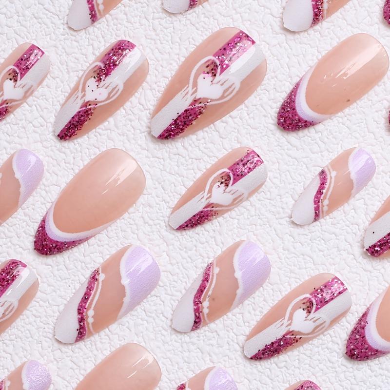 24Pcs water drop press-on nails with shiny heart patterns, sweet Valentine's Day style for daily wear.