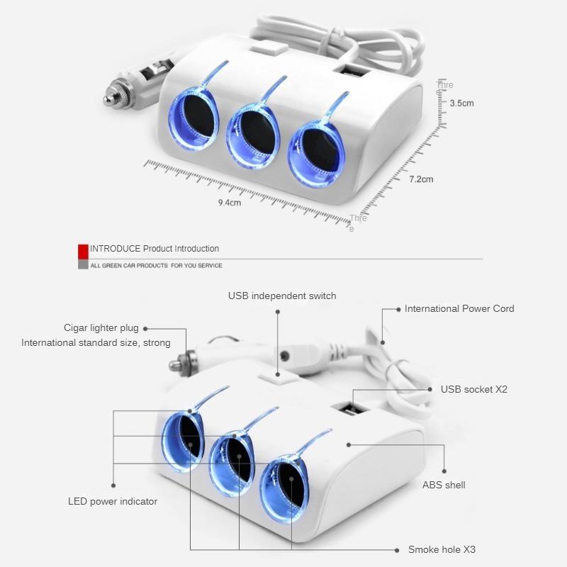 Car Cigarette Lighter One To Three Power Distributor, 60W Multifunctional Car Charger Dual USB Car Phone Charger Usb Hub