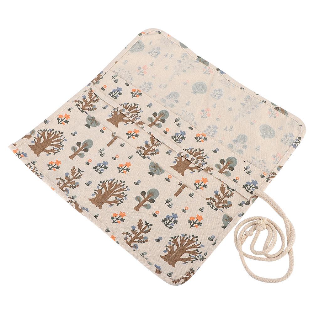 Floral Print Canvas Roll Up Pencil Bag Wrap Curtain Pen Case Large Capacity Storage Pouch