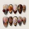 24PCS Retro Brown French Press On Ins Nails 3D Flowers Cherry with Diamonds Fake Nails for Women Detachable False Nails Manicure