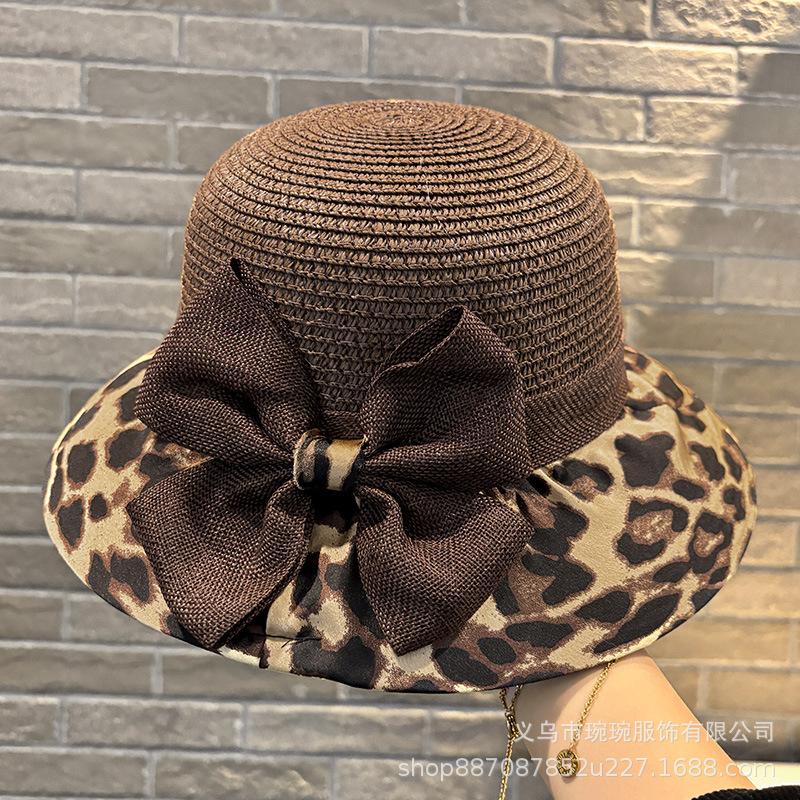 Fashion linen mixed leopard print bow summer sunshade straw hat women's seaside vacation leisure sun protection beach hat