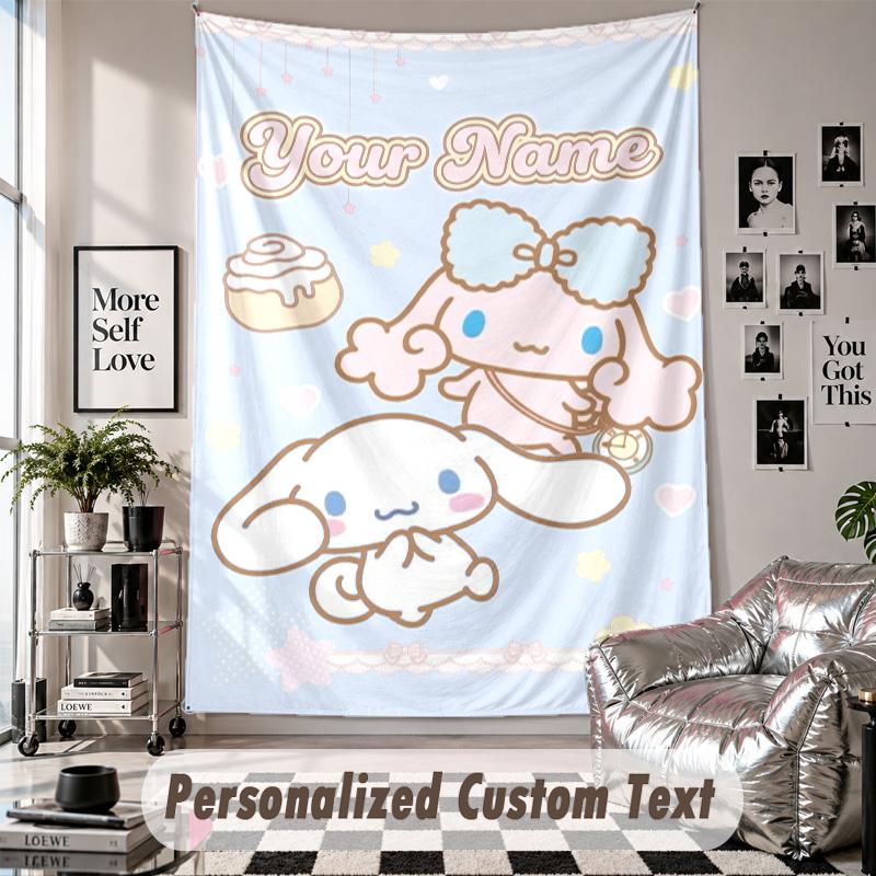 Custom Tapestry Wall Hanging, Cinnamoroll Personalized Name Text Home Wall Decor