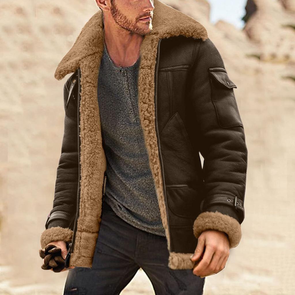 Men's Solid Color Frosted Fleece Composite Coat Long Sleeve Zipper Lapel Thick Coat Coat