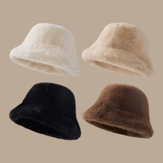 Women Winter Bucket Hat Fuzzy Plush Short Brim Solid Color Dome Windproof Warmth Sun Protection Fisherman Cap Outdoor Travel Headwear