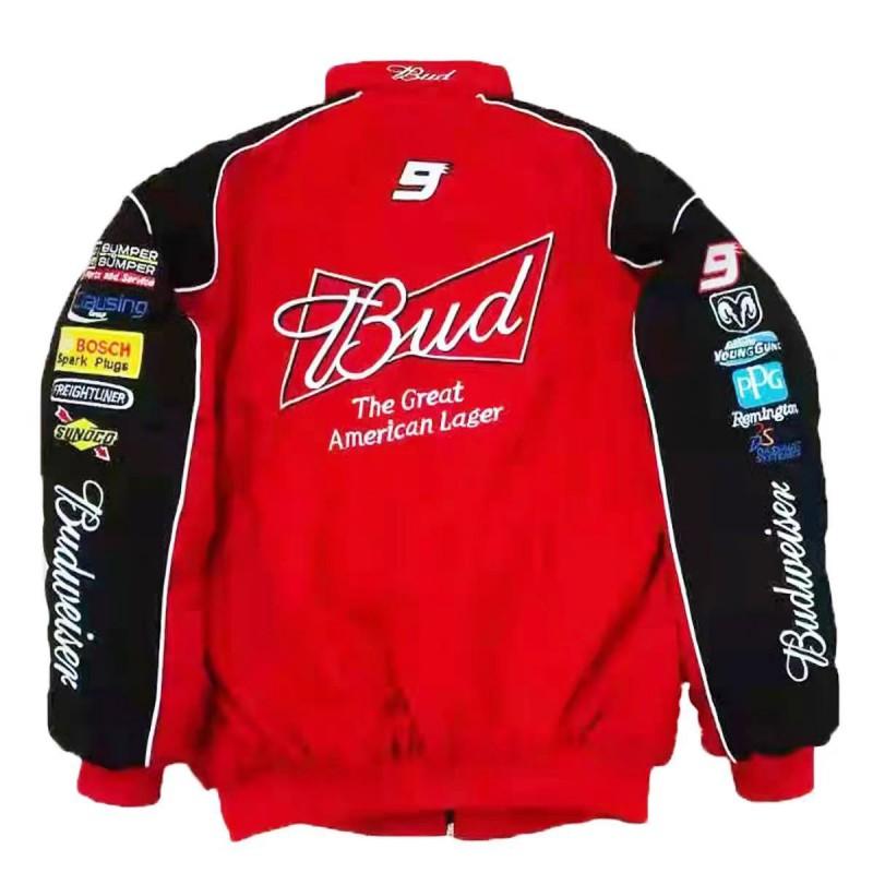 Черно-красная блочная куртка Budweiser Bud Racing Винтажная NASCAR Свободный крой Воротник-стойка На молнии