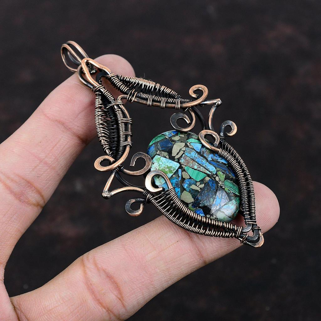 Подвеска из меди, азурита и малахита, подвеска из медной проволоки, ювелирные изделия ручной работы с драгоценными камнями, совершенно новая подвеска, потрясающие медные ювелирные изделия, подарок для него