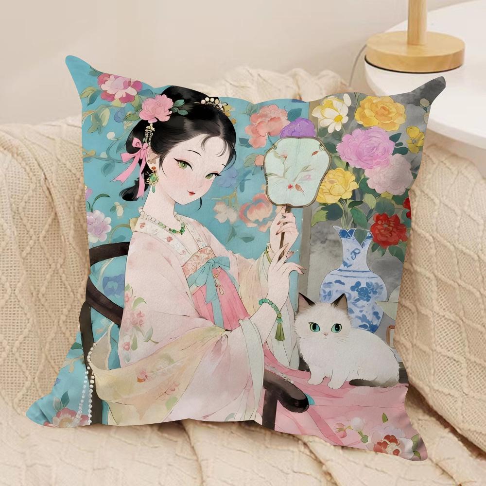 Chinese Ancient Style Beauty Cushion Cover Pillowcase Ultra Soft Skin Friendly Fabric Cloud Like Comfort Concealed Zipper