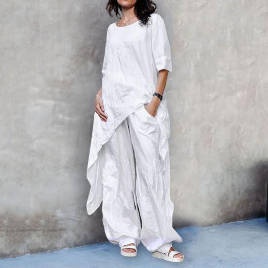 Женский комплект из двух предметов из хлопка и льна, повседневные однотонные рубашки с рукавами 3/4, широкие брюки, костюм для свободной посадки, летняя одежда