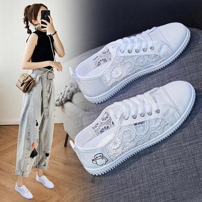 Кружевные дышащие белые туфли для женщин, летние студенческие сетчатые парусиновые туфли, туфли на плоской подошве