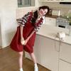 Women's Summer Casual Striped T-Shirt and Red Bib Pants Two-Piece Suit