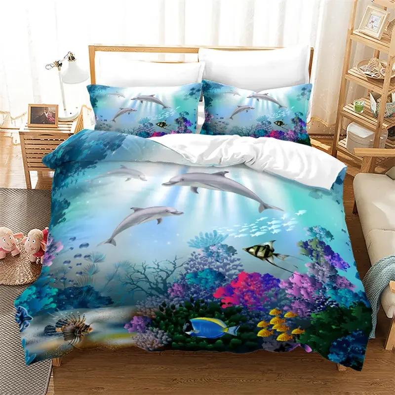 Kids Cartoon Ocean Fish Duvet Cover Microfiber Marine Theme Bedding Set Sea Underwater World Quilt Cover Queen For Boys Girls