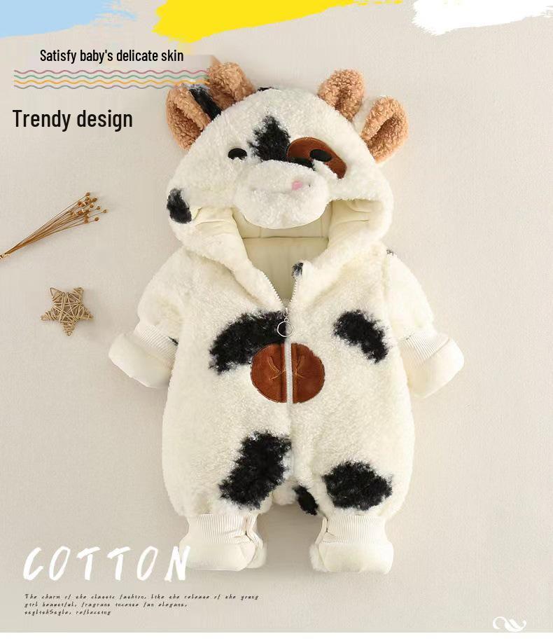 Очаровательный зимний ромпер с коровкой - Уютная овечья шерсть для новорожденных