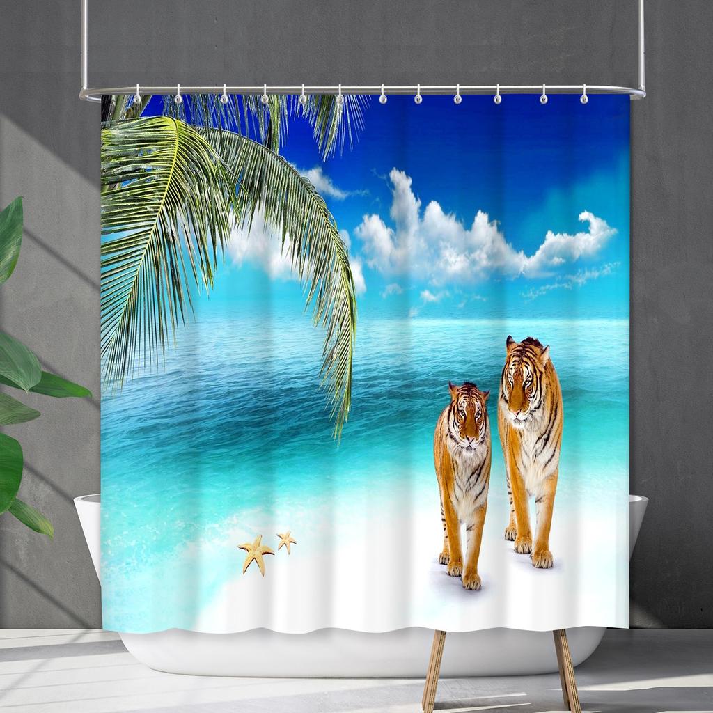 Shower Curtain Waterproof And Mildew-Proof Coconut Tree Beach Beach Bathroom Shower Curtain Shower Curtain Partition Curtain Free Punching