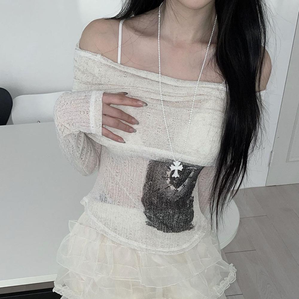 Прозрачная темная футболка с принтом Повседневная футболка с разрезом по горловине и длинным рукавом Женская мода Уличная одежда для женщин