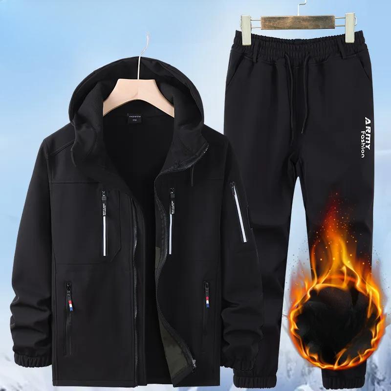 Зимняя куртка Plus Velvet Водонепроницаемый костюм Рабочая одежда Мужской зимний уличный утепленный теплый и холодный костюм из 2 предметов