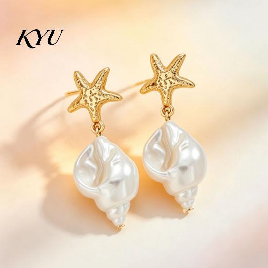 Fashionable Resin Conch Earrings 1 Pair Women's Boho Starfish Earrings, Faux Pearl Dangle Drop Daily Wear Summer Beach Ocean Style Jewelry Gift