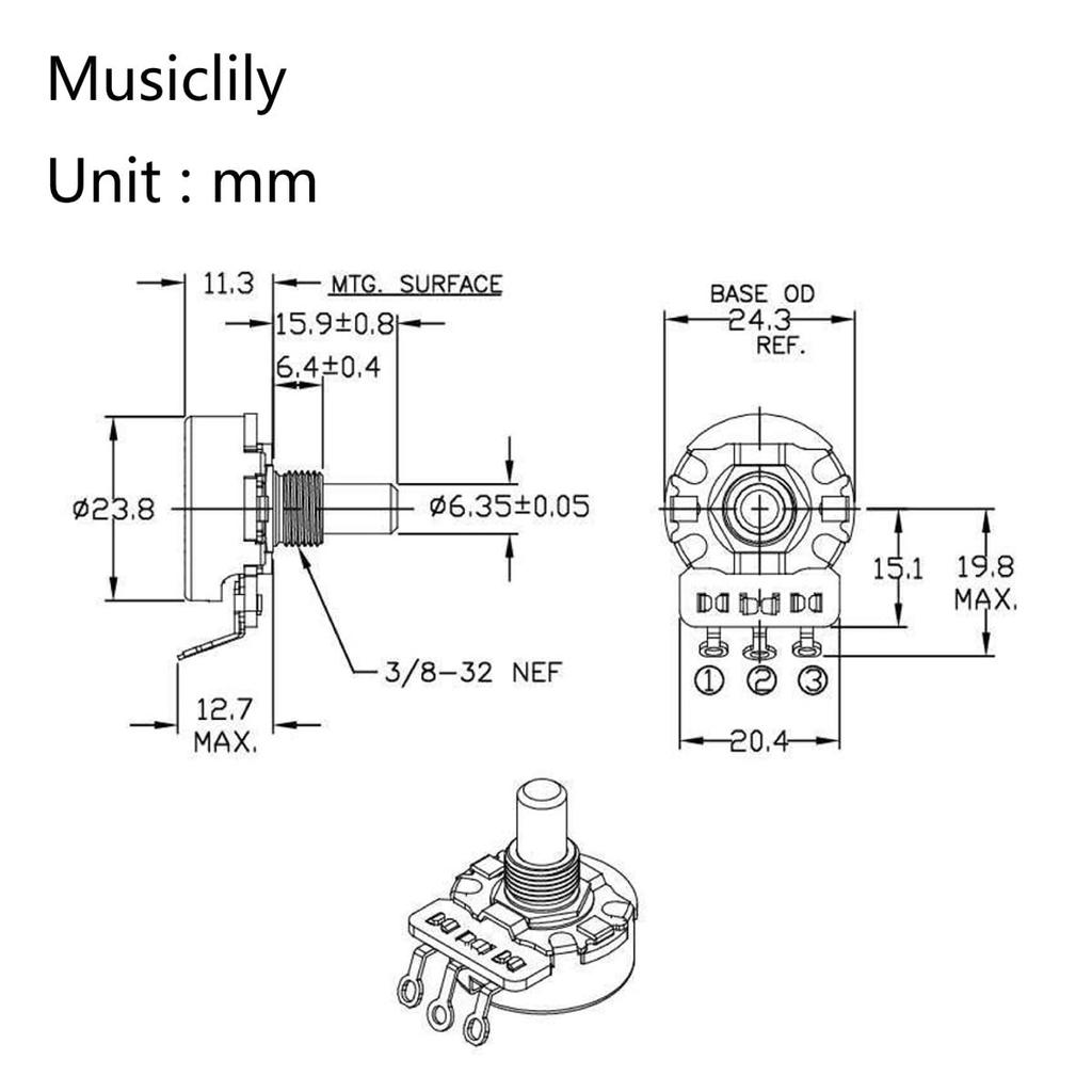 CTS 450G A250K Solid Brass Short Shaft 14" 10% A-Curve Potentiometer for Electric Guitar and Bass