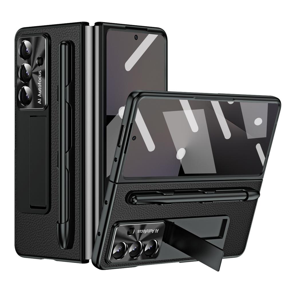 For Samsung Galaxy Z Fold7 5G Case Kickstand Leather+PC Hard Phone Cover with Screen Film and Stylus