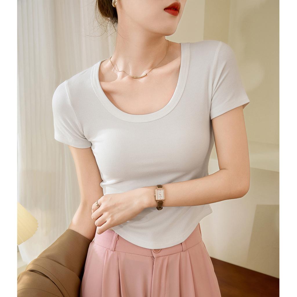 Summer Women's High Stretch Threaded Cotton Short Round Neck Curved Short Sleeve T-Shirt