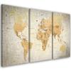 Three Piece Picture Canvas Print World Map Brown