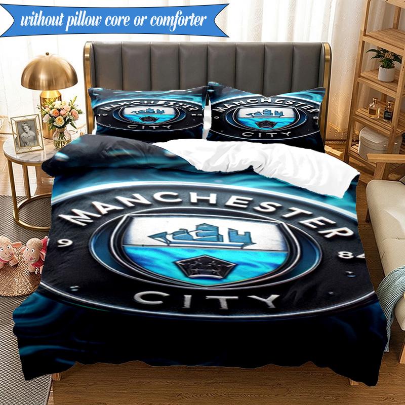 3PCS Manchester City F.C Printed Soft Bedding Set,Including 1pc Duvet Cover And 2pcs Pillowcases Perfect for Bedroom, Dormitory, Fan gift