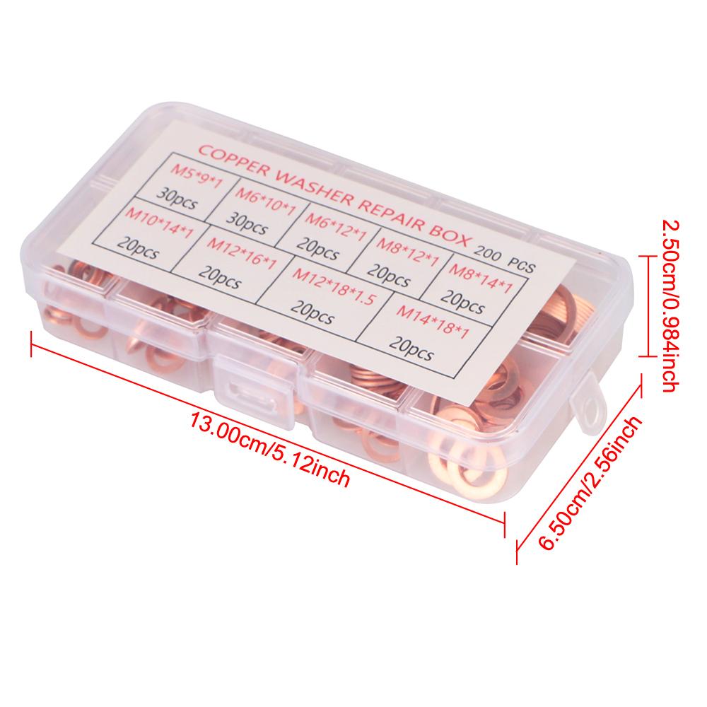 Медная шайба, прокладка, гайка и болт, набор плоских колец, набор уплотнений, комбинированный набор уплотнений, плоские установочные шайбы M5/M6/M8/M10/M12/M14 200 шт.