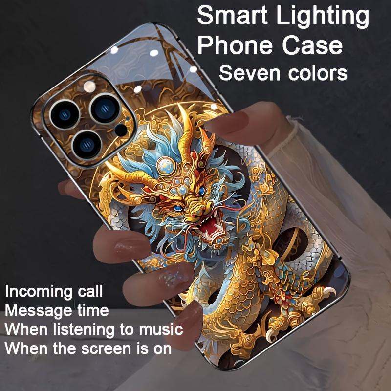 For iPhone 16 Plus 15 14 13 Pro Max LED Flash Case East Dragon Fly Luminous Phone Case Glass Funda For iPhone 16 17 Pro Bumper
