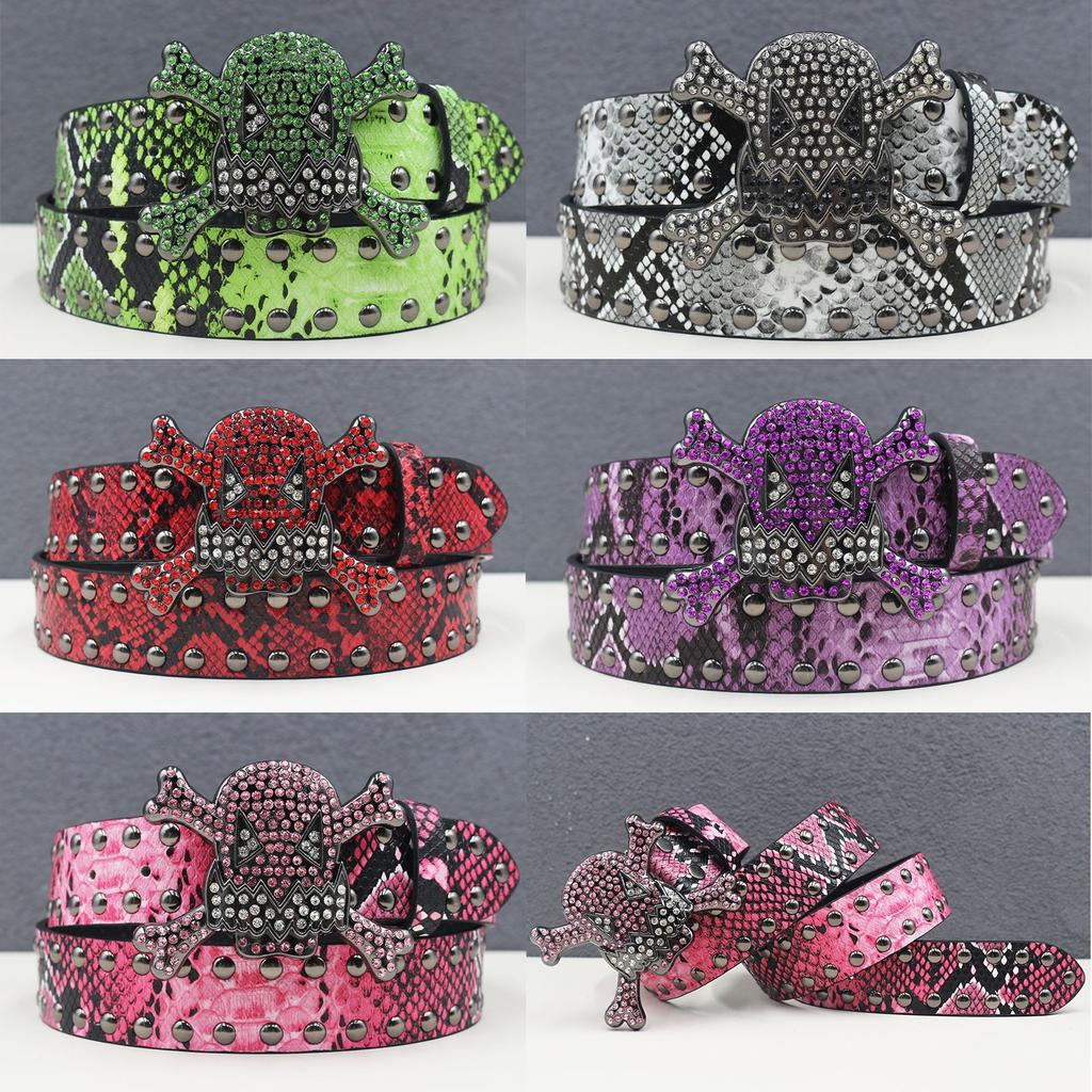 American Rhinestone Skull Belt Rivet Punk Decoration Men and Women Belt Abi Decorative Python Pattern Belt