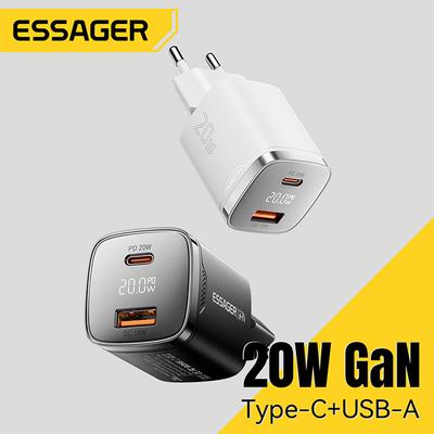 Essager GaN 20 Вт Зарядное устройство USB Type C Цифровой дисплей PD Быстрая зарядка QC 3.0 Быстрое зарядное устройство для iPhone 16 15 14 Pro Зарядка iPad