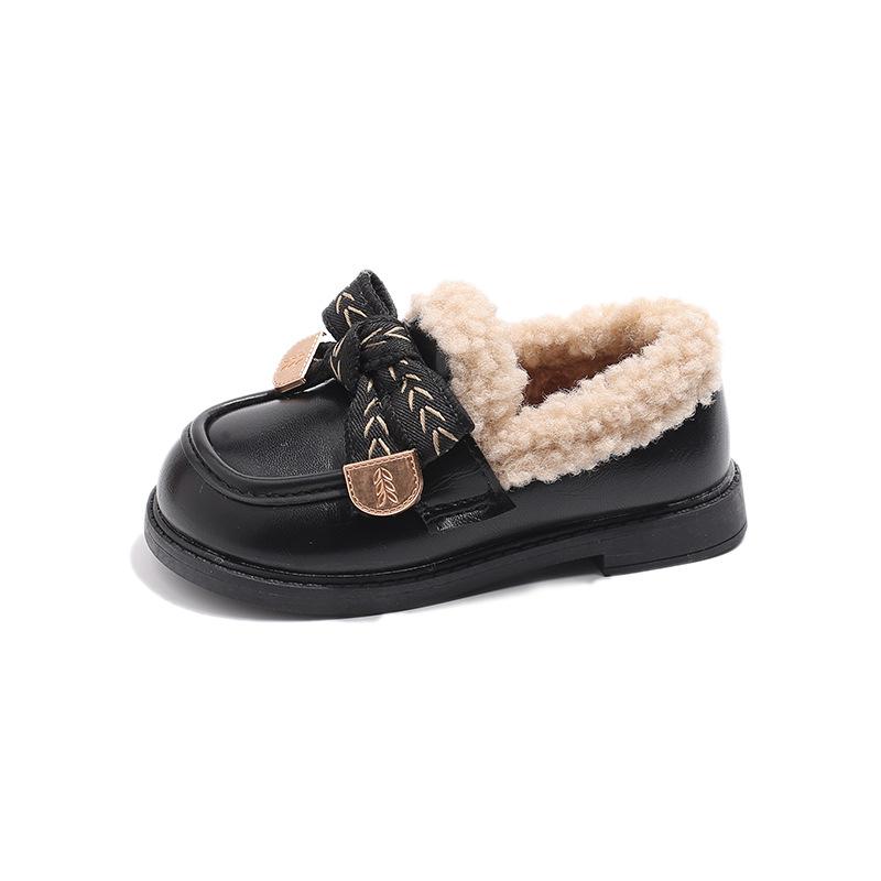 Зимняя детская обувь в корейском стиле, кожаные туфли для девочек с бантом, универсальные детские повседневные модные хлопковые туфли, мокасины на плоской подошве, нескользящие