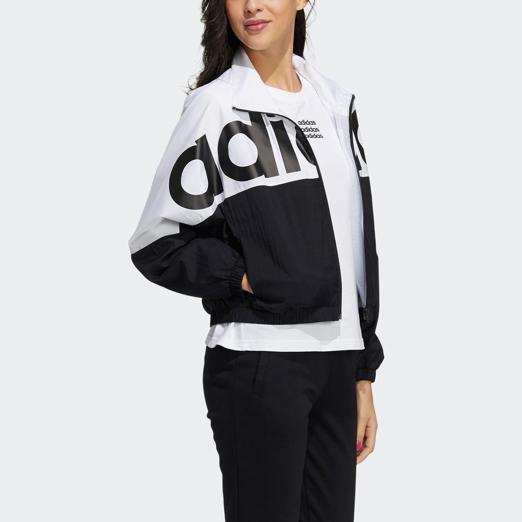 Adidas Женская тканая спортивная куртка Neo W Icons CE+ с воротником-стойкой и контрастным принтом логотипа, черная GP5425