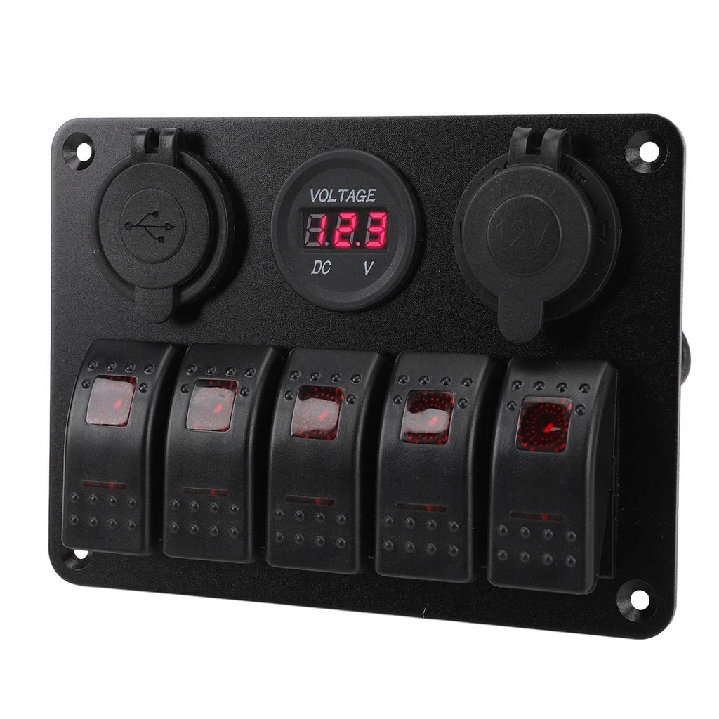 Switch Panel DC 12 to 24V 5 Gang Aluminum Alloy IP65 Water Resistant Prewired Rocker Switch Panel with Dual USB Cigar