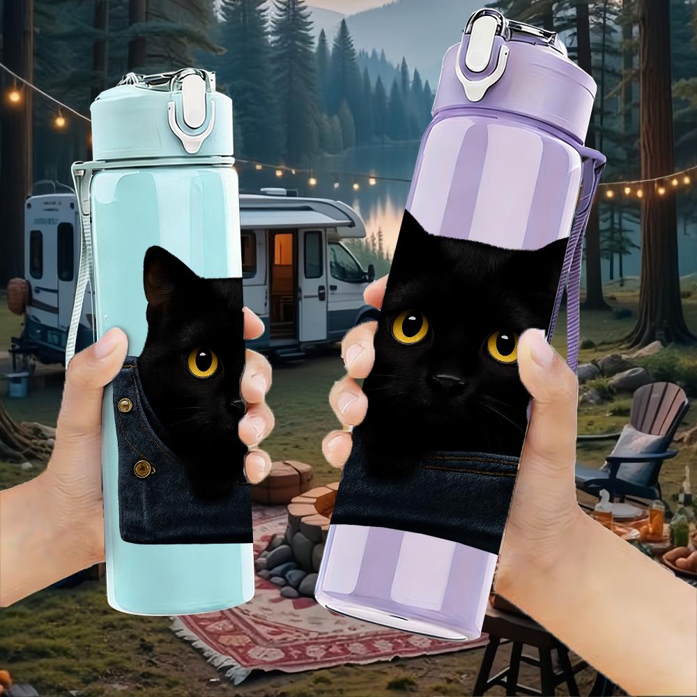 1PC Black Cat Denim Pocket Hidden 750ml Color Plastic Sports Water Bottle Leakproof Flip Straw Lid Suitable for Sports Office Home Use