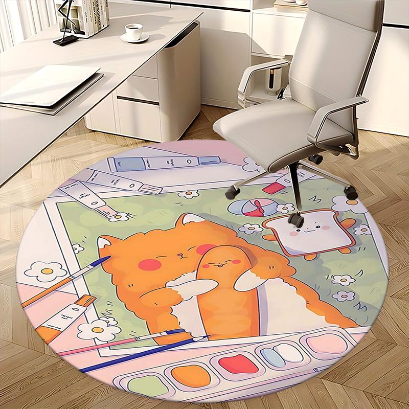 1pc Anime Design Round Carpet Cute Cat and Bread Friends Office Chair Mat, Non Slip Rug for Home Decor, All Seasons