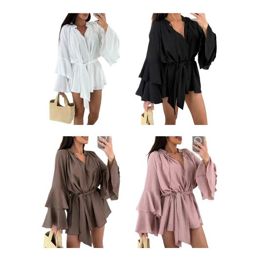Женское летнее платье-рубашка с оборками, длинными рукавами, V-образным вырезом, короткое платье из шифона, А-силуэта, завязывающегося на талии, струящееся мини-платье
