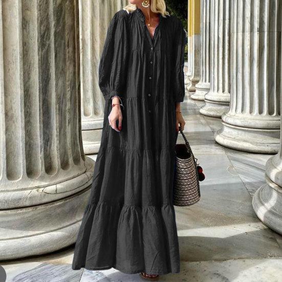 Женское платье макси с воротником-стойкой и V-образным вырезом Свободные заплатки Сплошной цвет с V-образным вырезом Половинное однобортное платье полной длины с длинным рукавом Леди Весенне-осеннее платье