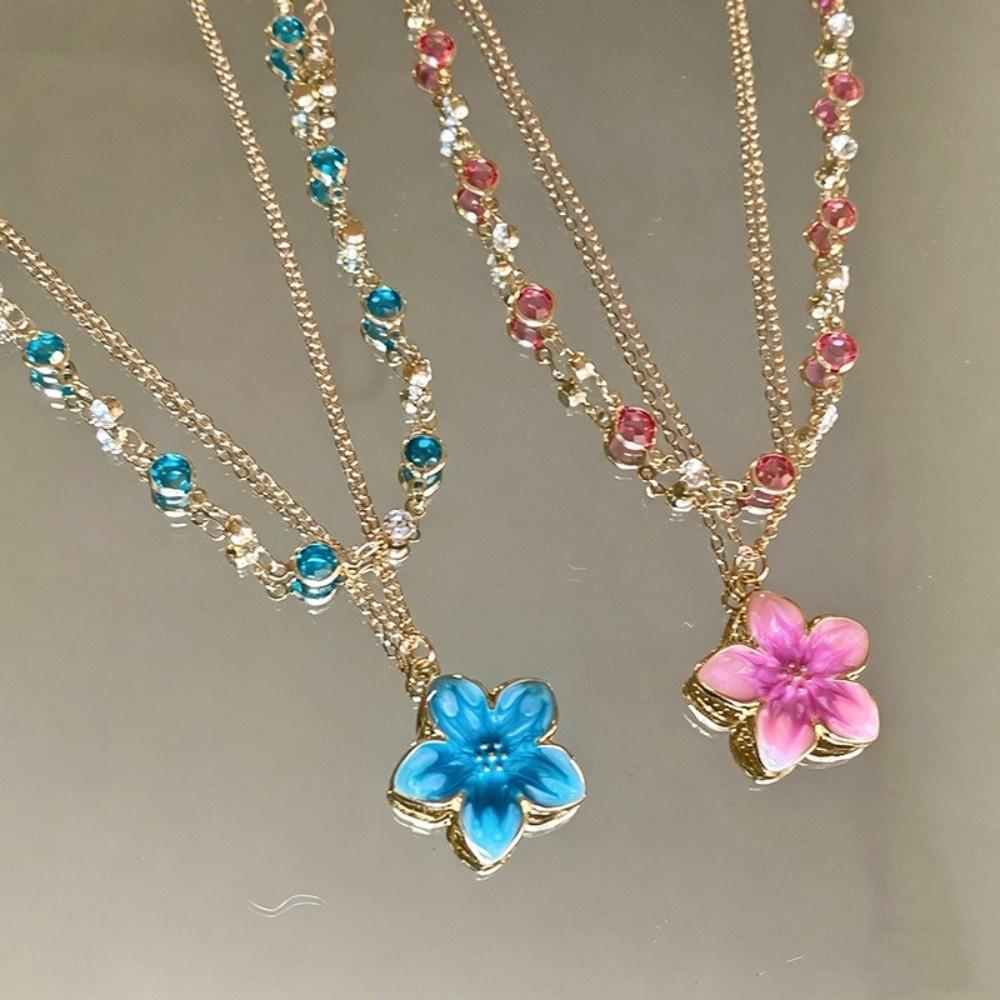 2Pcs/Set Gold Plated Layered Necklace Pink Crystal Crystal Chain Necklace Women Girl