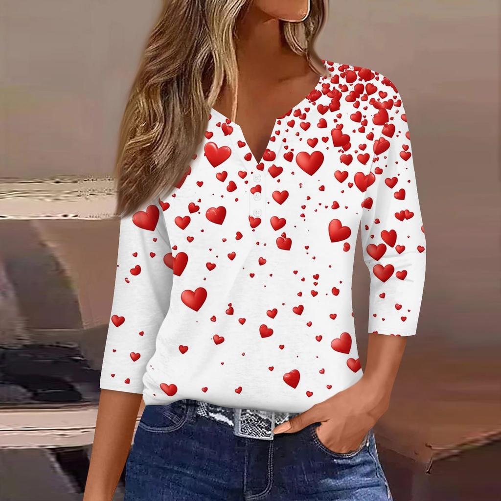 Женский повседневный универсальный топ с V-образным вырезом и рукавом три четверти на пуговицах с принтом ко Дню святого Валентина