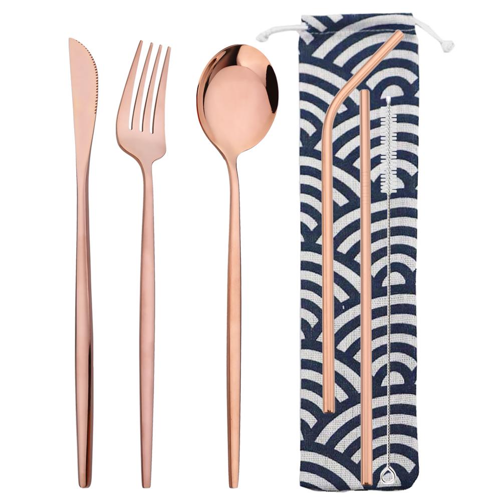6 шт., набор столовых приборов для кемпинга, дорожный набор столовых приборов, нож, вилка, ложка, соломинка с портативной сумкой, набор посуды из нержавеющей стали